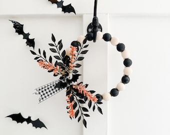 Halloween Wreath - Small Wood Bead Wreath with Black Bat. Ships Free!