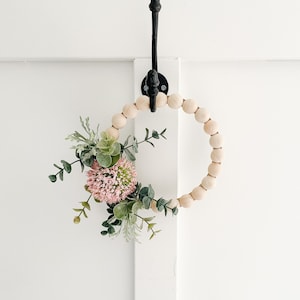 Modern Farmhouse Decor - Small Wood Bead Wreath with Eucalyptus and Pink Flower- Ships Free!
