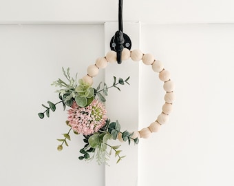 Modern Farmhouse Decor - Small Wood Bead Wreath with Eucalyptus and Pink Flower- Ships Free!