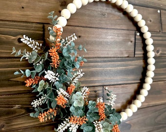 Fall Wreath with Eucalyptus and brown leather hanger - Ships Free!