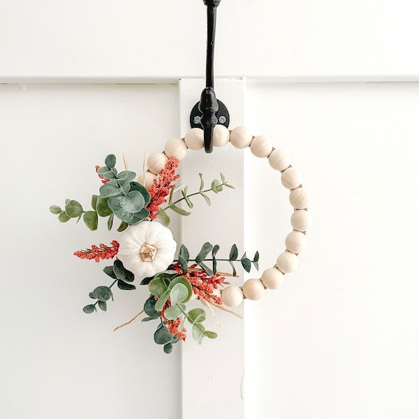Fall Wreath with White Pumpkin - Small Wood Bead Wreath with Eucalyptus - Ships Free!