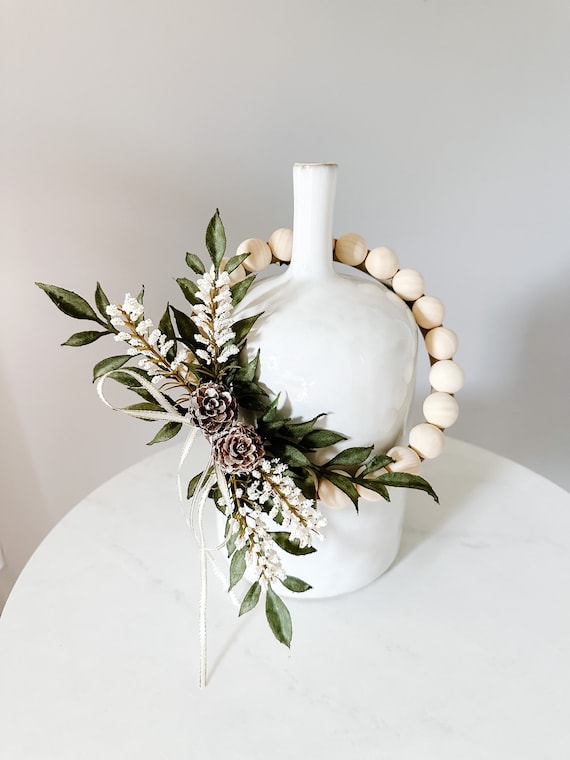 Small Woodsy Wreath - Wood Bead Wreath with Pinecones and Gold Edged Ribbon. Ships Free!