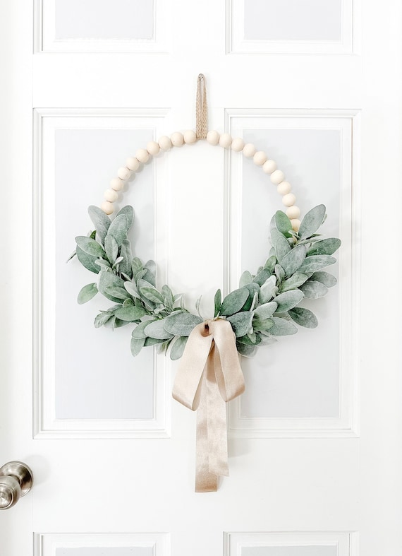 Lambs Ear Wood Bead Wreath with Long Bow for Modern Farmhouse - Ships Free!