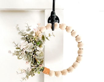 Small Wood Bead Wreath with Eucalyptus and Leather Wrap for Modern Farmhouse - Ships Free!