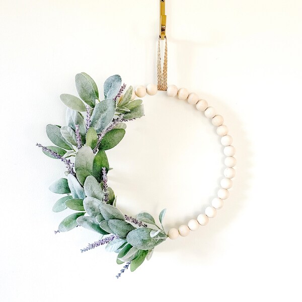 Modern Farmhouse Wreath- Wood Bead Wreath with Lambs Ear and Lavender. Ships free!