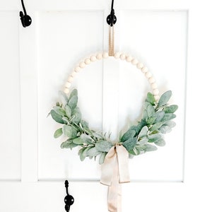 Lambs Ear Wood Bead Wreath with Long Bow for Modern Farmhouse - Ships Free! image 8