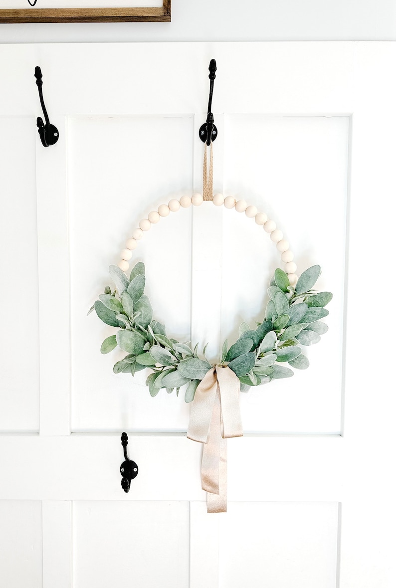 Lambs Ear Wood Bead Wreath with Long Bow for Modern Farmhouse - Ships Free! image 8