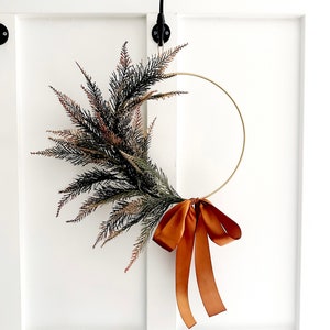 Modern Fern Hoop Wreath with Brownish Gold Ribbon Bow - Ships Free!