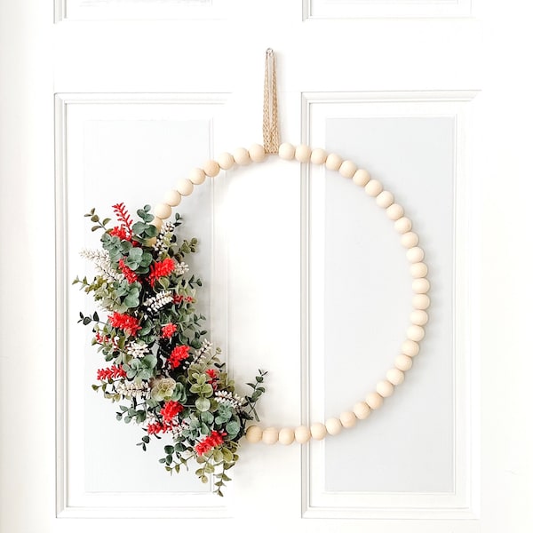 Winter Holiday Wreath for Modern Farmhouse - Wood Bead Hoop Wreath - Ships Free!