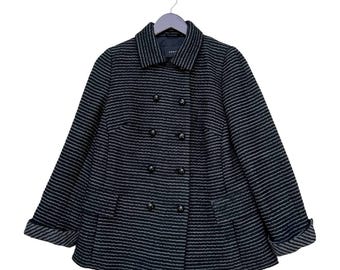 Abrigo de lana cruzado a rayas vintage AKRIS para mujer, fabricado en Japón, ropa de invierno para clima frío.