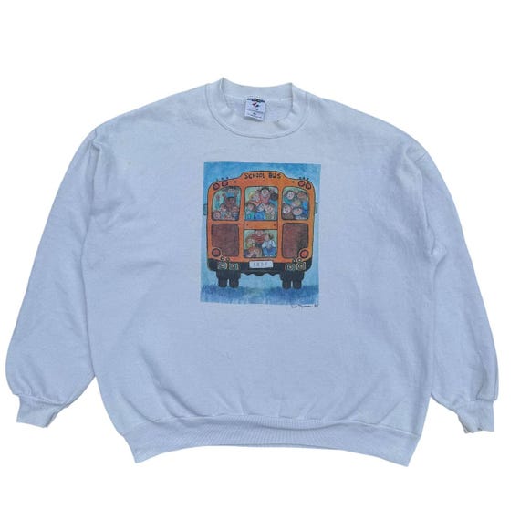 Vintage 90s School Bus Sweatshirt Jerzees Blue Cotton Blend Dixie Rogerson Art Print Retro Kids Children Nostalgic Pullover Size 2XL