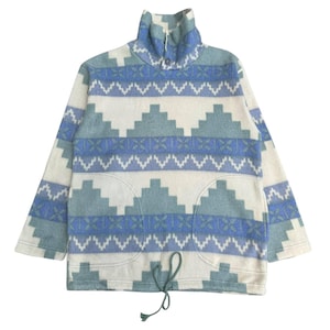 Vintage 90s Japanese Brand CP Fleece Sports Southwestern Aztec Pullover Fleece Jacket Blue Teal White Geometric Pattern Snap Neck Outdoor