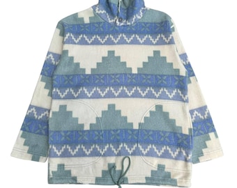Vintage 90s Japanese Brand CP Fleece Sports Southwestern Aztec Pullover Fleece Jacket Blue Teal White Geometric Pattern Snap Neck Outdoor