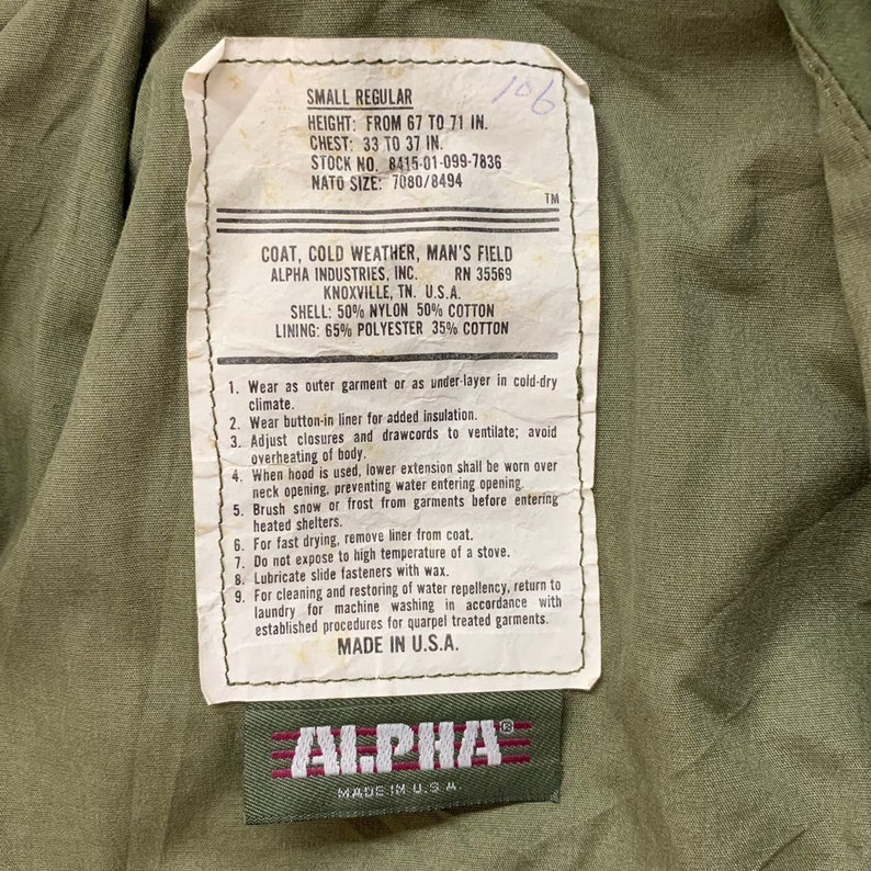 Vintage M65 Alpha Industries Army Parka Jacket Small Size Made - Etsy