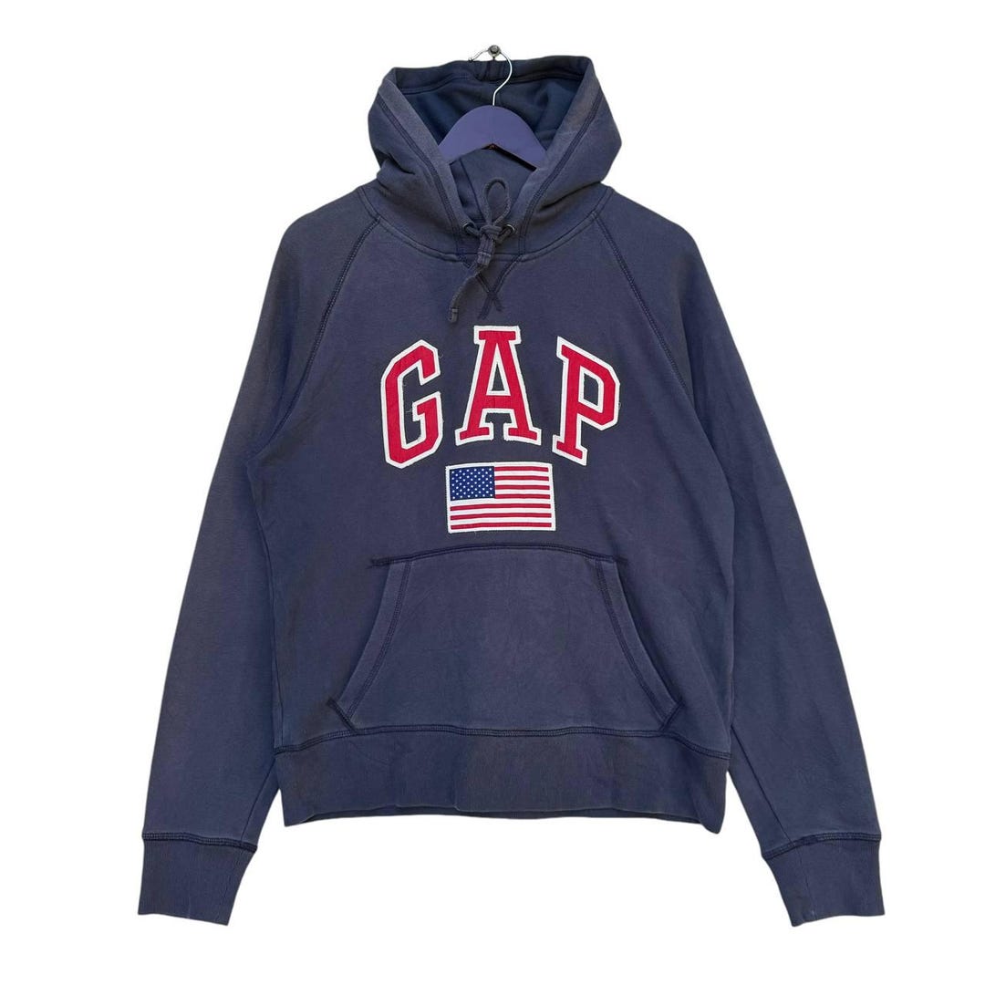 Vintage GAP USA Flag Pullover Hoodie Sweatshirt Navy Blue Color
