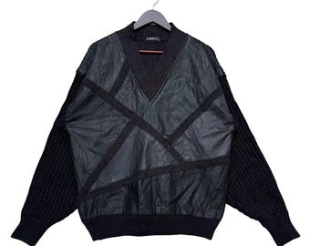 Vintage Torras Black Patchwork Leather and Knit Sweater Unique Fashion Warm Winter Clothing