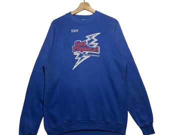 Felpa Vintage Get Physical "The Aerobic Specialists" Staff Jerzees, taglia XL, colore blu, pullover, felpa girocollo, felpa vintage
