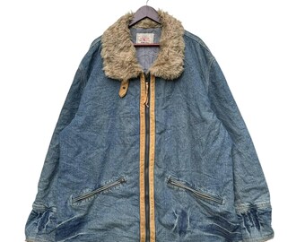 Vintage AVIREX denimflygjacka med fuskpälskrage, slitna kraftiga ytterkläder, militärjacka