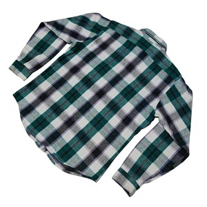 Vintage Five Brother flannel shirt made in USA with green black purple  and white plaid pattern, button down long sleeve cotton workwear top from the 1990s, classic outdoor style for men, grunge and streetwear fashion, warm fall winter shirt with dual chest pockets and durable construction, retro casual staple for collectors and flannel lovers.
