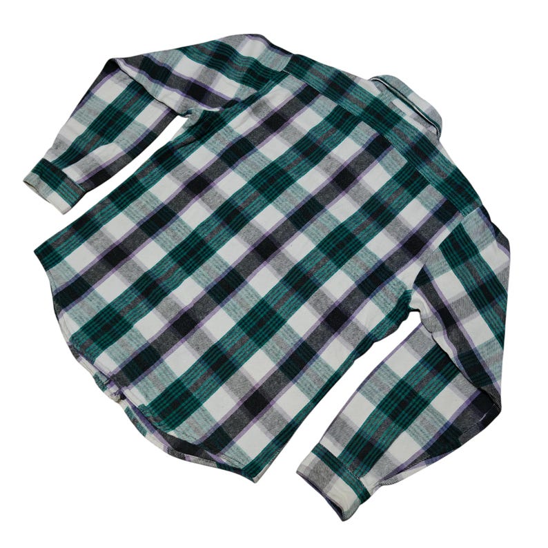 Vintage Five Brother flannel shirt made in USA with green black purple  and white plaid pattern, button down long sleeve cotton workwear top from the 1990s, classic outdoor style for men, grunge and streetwear fashion, warm fall winter shirt with dual chest pockets and durable construction, retro casual staple for collectors and flannel lovers.