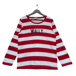 Camisa vintage de rayas rojas y blancas "¿Dónde está Wally?", camisa de manga larga, remera vintage con dibujos animados