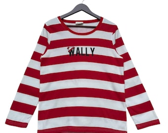 Vintage Where's Wally? Red and White Striped Shirt,Long Sleeve Shirt,Vintage Cartoon Tee