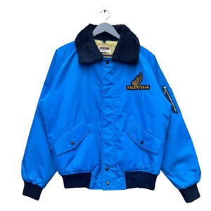 Vintage Honda Bomber Jacket,Blue Nylon with Sherpa Collar