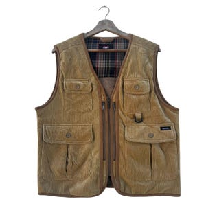Vintage 90s Oscar Jones Fishing Vest Men&#39;s Medium Multi Pocket Utility Outdoor Hunting Sleeveless Jacket Brown Plaid