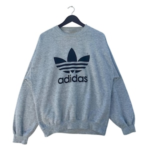 Vintage Adidas Trefoil Sweatshirt Gray Crewneck Pullover Retro 80s 90s Y2K Streetwear Oversized Logo Jumper Unisex Sportswear Large Size