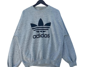 Vintage Adidas Trefoil Sweatshirt Gray Crewneck Pullover Retro 80s 90s Y2K Streetwear Oversized Logo Jumper Unisex Sportswear Large Size
