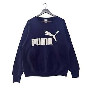 Felpa Puma vintage anni &#39;90, blu navy, con grande logo, girocollo, stile retrò, sportivo, streetwear, Y2K, unisex, casual, sportivo.