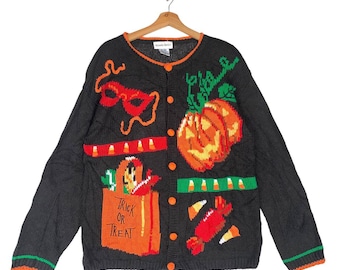 Vintage Halloween Pumpkin Knit Sweater Cardigan By ALEXANDRA BARTLETT, Retro Trick Or Treat Candy Costume Fall, 90s Black Halloween Top