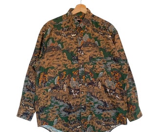 Vintage Boston Traders All Over Print Long Sleeve Button Down Polo Shirt