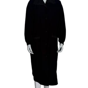 Vintage Lancel Paris Black Long Coat With Striped Collar,Elegant Overcoat,Classic Button Up Trench Style,Timeless Fashion,Minimalist Wear