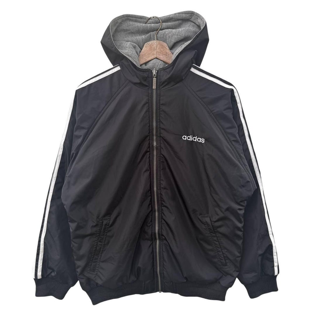 Vintage Adidas Reversible Windbreaker Jacket Black Grey Athletic