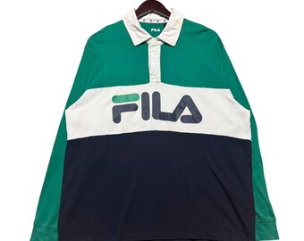 Vintage FILA rugbyshirt met lange mouwen, shirt met groot logo, polo met kleurvlakken, streetwear uit de jaren 90, retro sportkleding