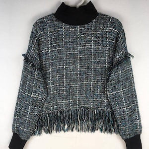 Zara Blue and Black Tweed Jumper Sweater Mock Neck Long Sleeve