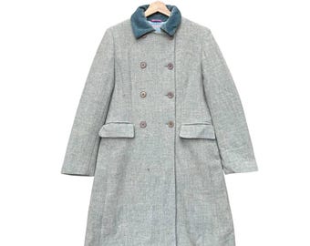 Vintage Paul Smith Women's Wool Coat Double Breasted Tweed Green Velvet Collar UK