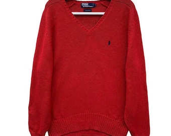 Vintage Polo By Ralph Lauren Knit Sweater,V-Neck Sweater,Pullover Jumper Sweater,Large Size Red Color,Retro Style Classic,Aesthetic,Winter