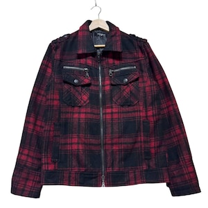 Vintage Japanese Brand In the Attic Homme Red & Black Tartan Plaid Military Style Grunge Jacket with Zipper and Button Accents