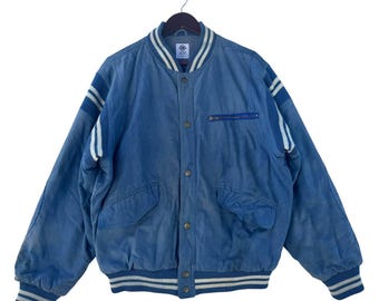 Vintage Marina Delrey Denim Varsity Bomber Jacket | Blue Cotton Striped Letterman Jacket | 90s Retro Button Up Outerwear