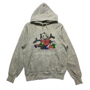 Felpa con cappuccio vintage del 1983 con il gatto Felix, taglia media, colore grigio, prodotta negli USA, abbigliamento vintage anni '80, cartone animato classico, personaggio dei cartoni animati americani