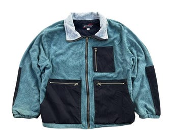 Vintage Wizard Fishing Gear Fleece Jacket Men's Large Teal Black Outdoor Sports Retro 90s Full Zip Polar Fleece Winter Coat