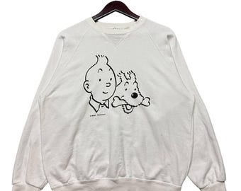 Vintage Tintin & Snowy Sweatshirt by Herge Moulinsart,Minimalist Graphic Crewneck,Medium Size,Classic Cartoon Apparel