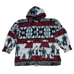 Vintage Ecuador Wool Blend Hooded Jacket Aztec Pattern Handmade Button Front Outerwear Large
