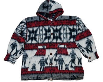 Vintage Ecuador Wool Blend Hooded Jacket Aztec Pattern Handmade Button Front Outerwear Large