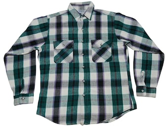 Vintage Five Brother Flannel Shirt Green Black Plaid Made In Usa Workwear 90s Cotton