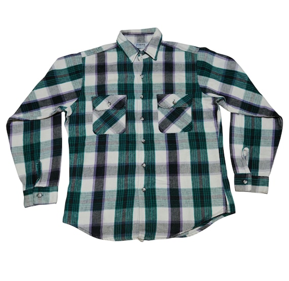 Vintage Five Brother Flannel Shirt Green Black Plaid Made In Usa Workwear 90s Cotton