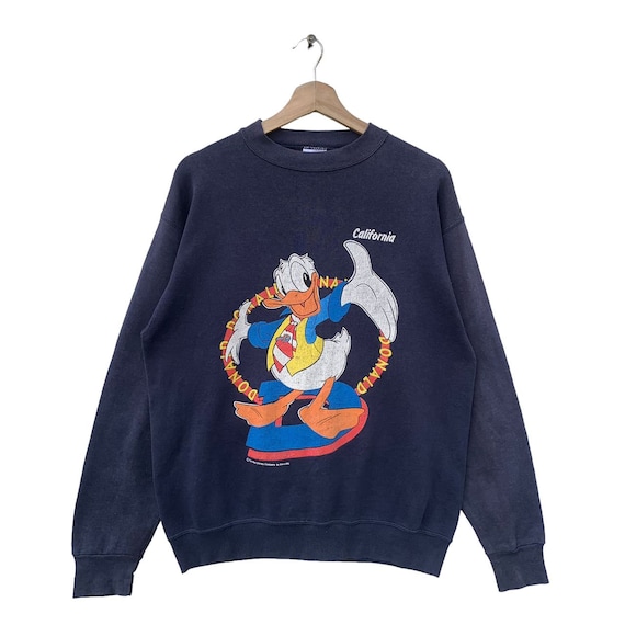 Pull Vintage Bleu Col Rond Mickey & Donald Duck - Taille M Unisexe - Occasion Avec Petit Trou Réparable