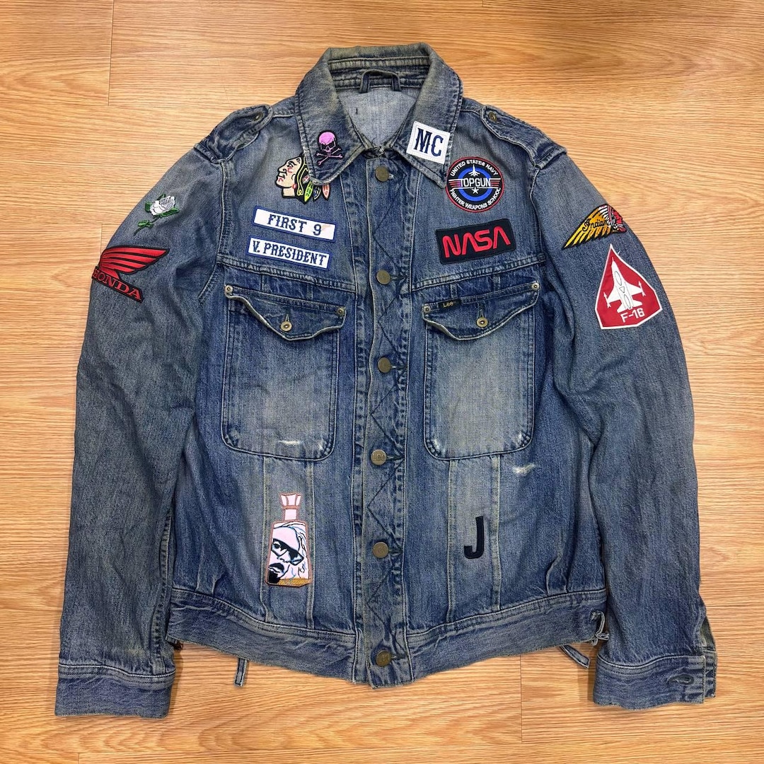 Vintage Lee Denim Jacket Patched Utility Rider Blue Jean Jacket